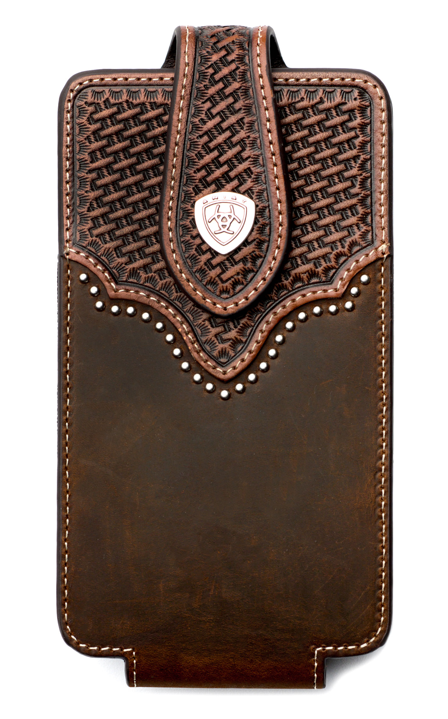 Ariat Chocolate Leather & Basket Weave Silver Stud Accent Large Cell Phone Case - Image 1