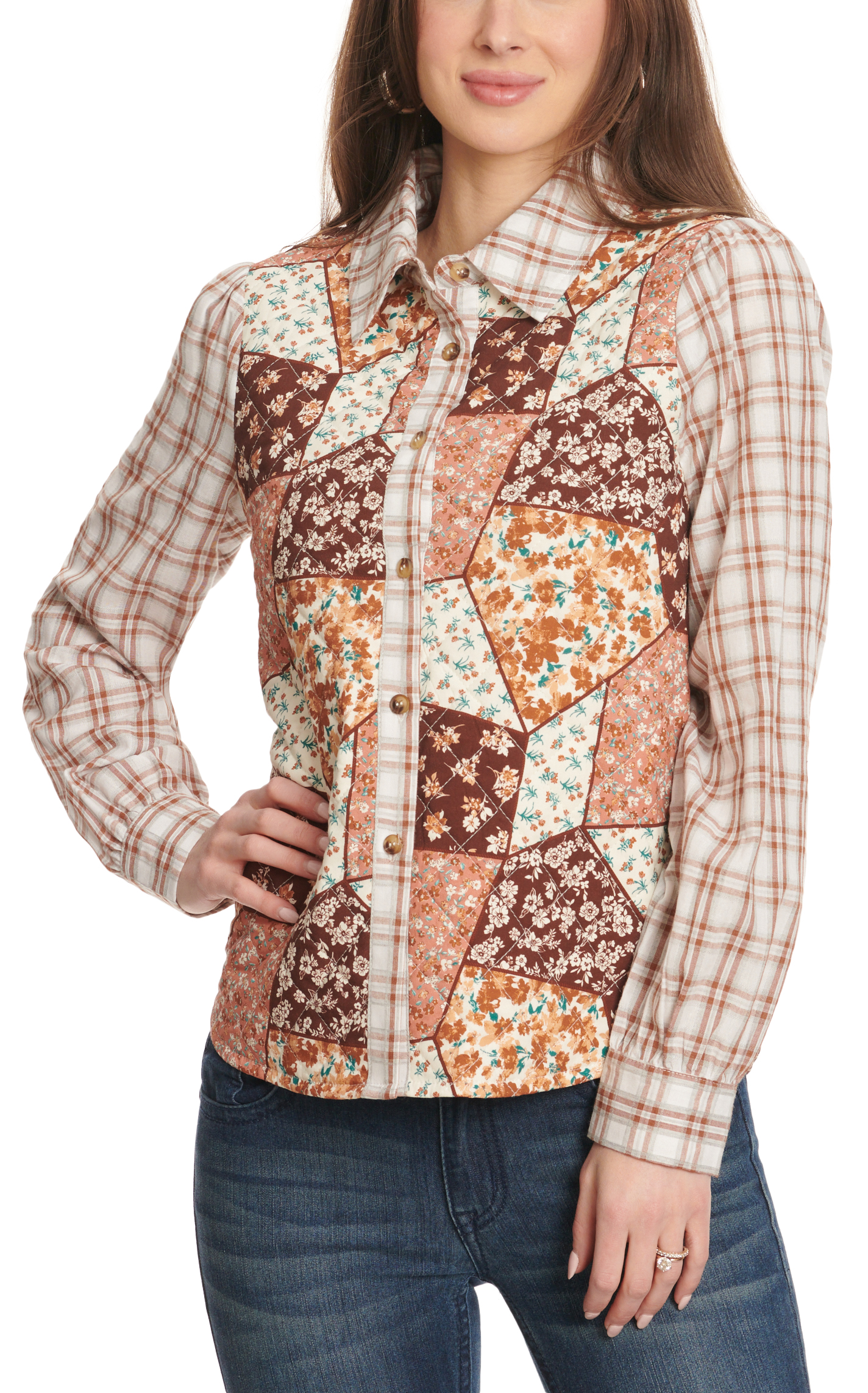 Rockin C Women's Shades of Coffee & Cream Floral Quilted Plaid Long Sleeve Top  - Image 1