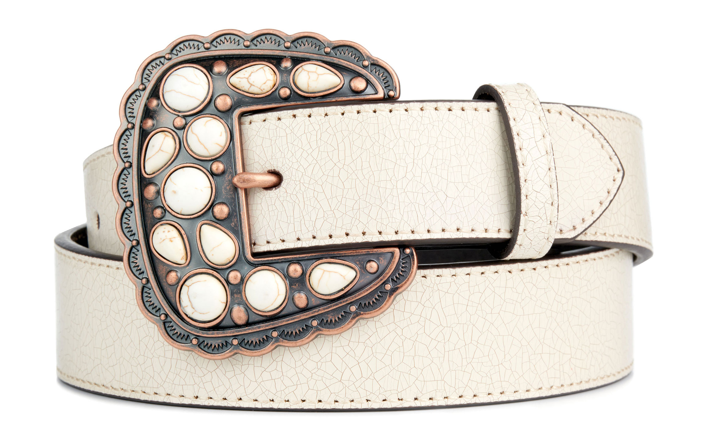 Angel Ranch Women's Cream Crackled Leather Copper & Stone Buckle Western Belt - Image 1