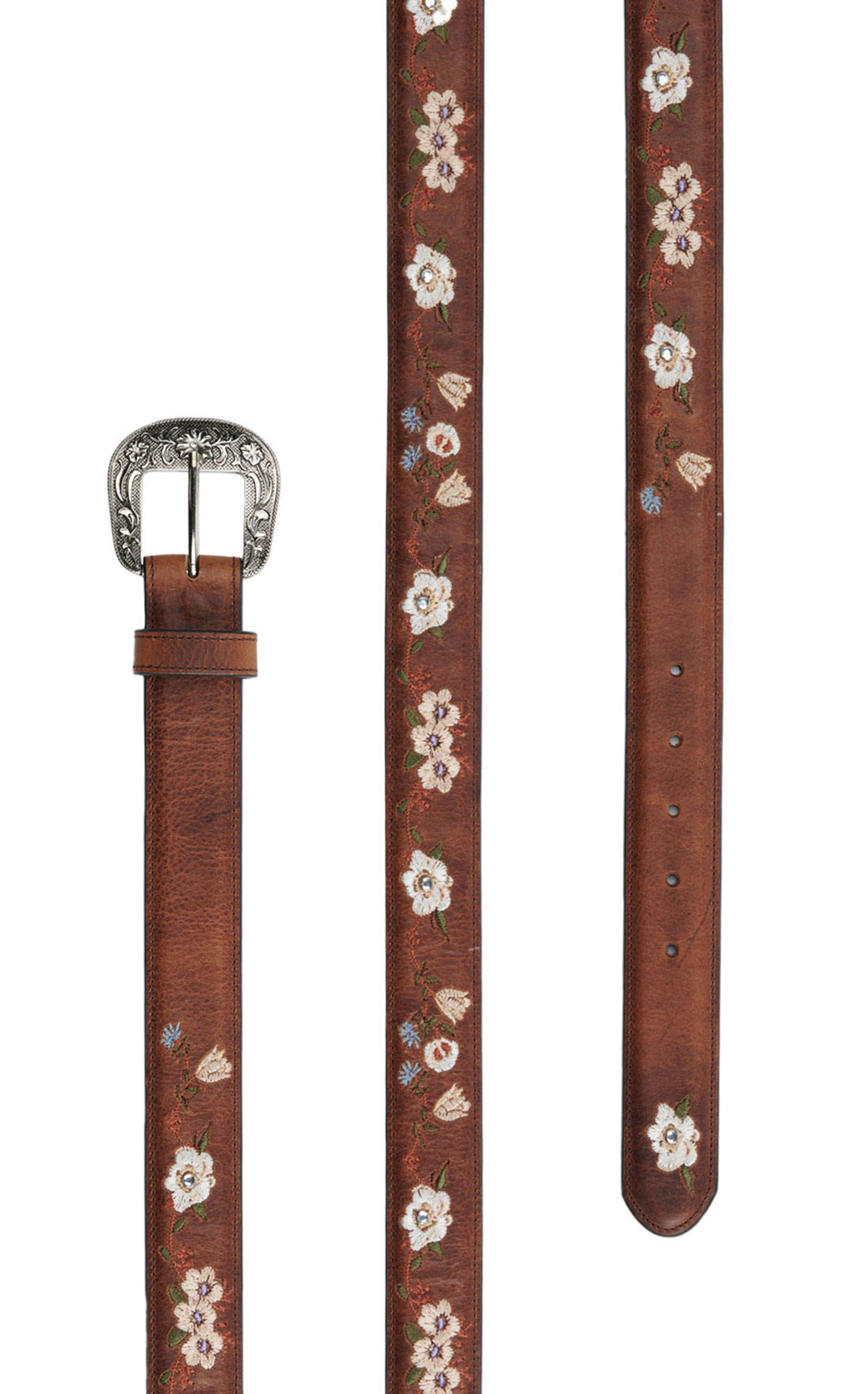 Cavender's Women's Tobacco Rust Brown with Floral Embroidery Leather Belt - Image 1