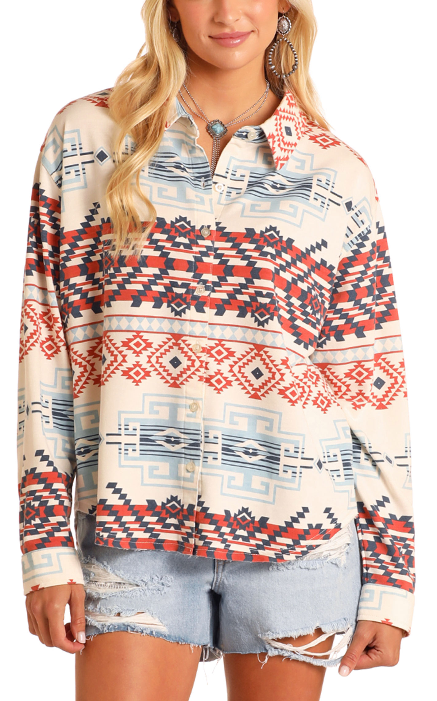 Rock & Roll Denim Women's Cream Aztec Print Oversized Top - Image 1