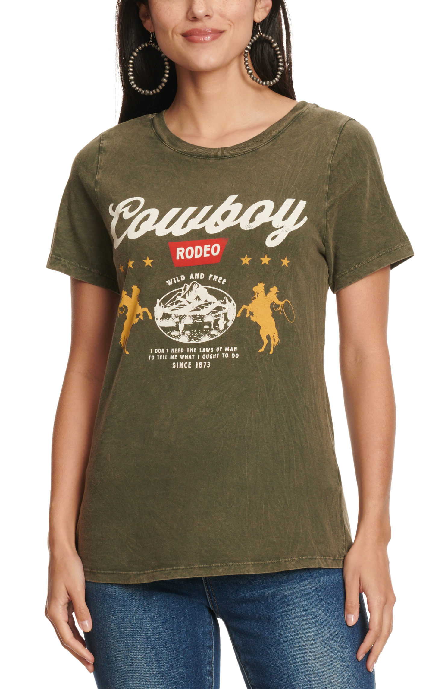 R.Rouge Women's Olive Cowboy Rodeo Graphic T-Shirt - Image 1