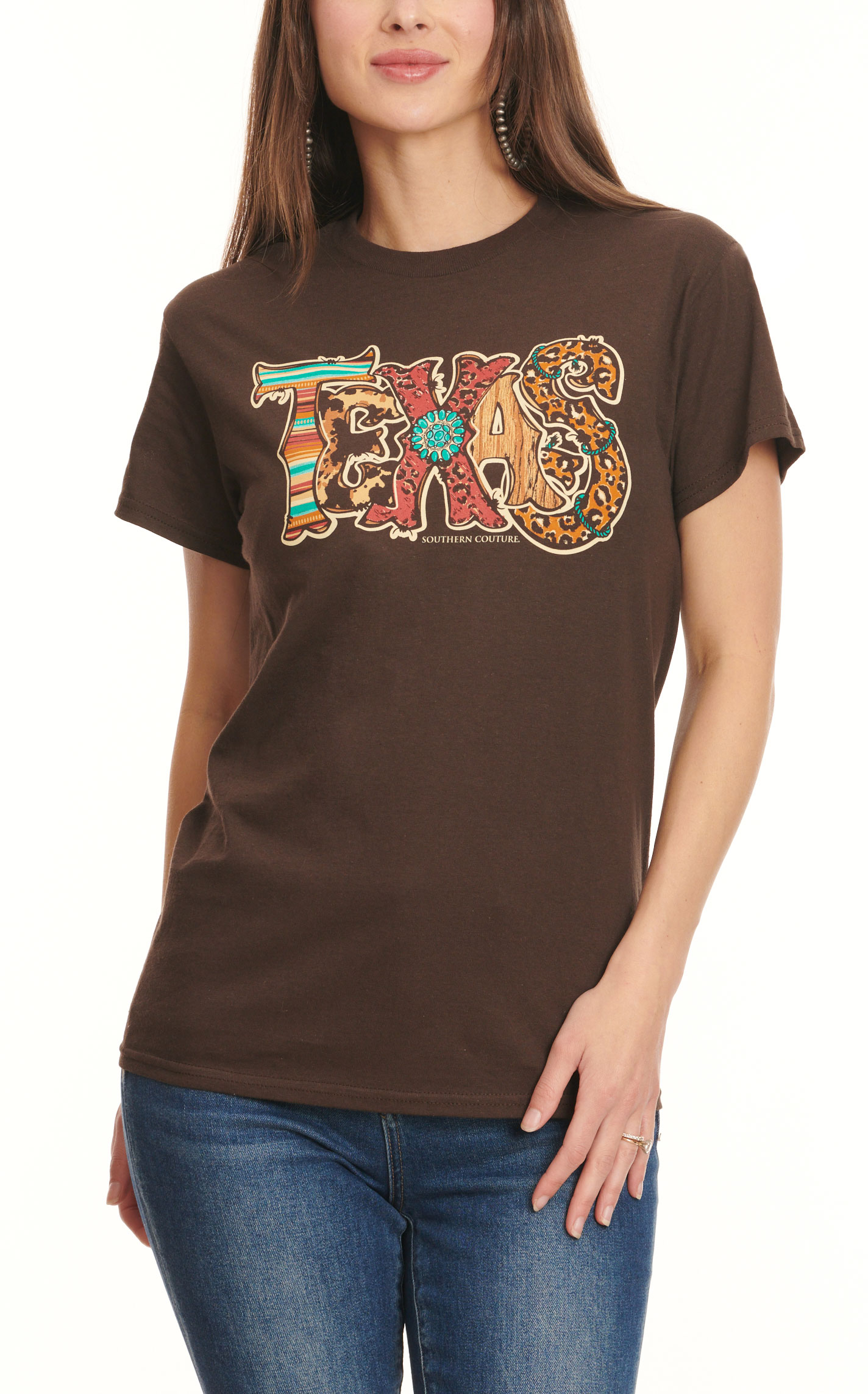 Southern Couture Women's Dark Chocolate Western Print TEXAS Graphic Short Sleeve T-Shirt - Image 3