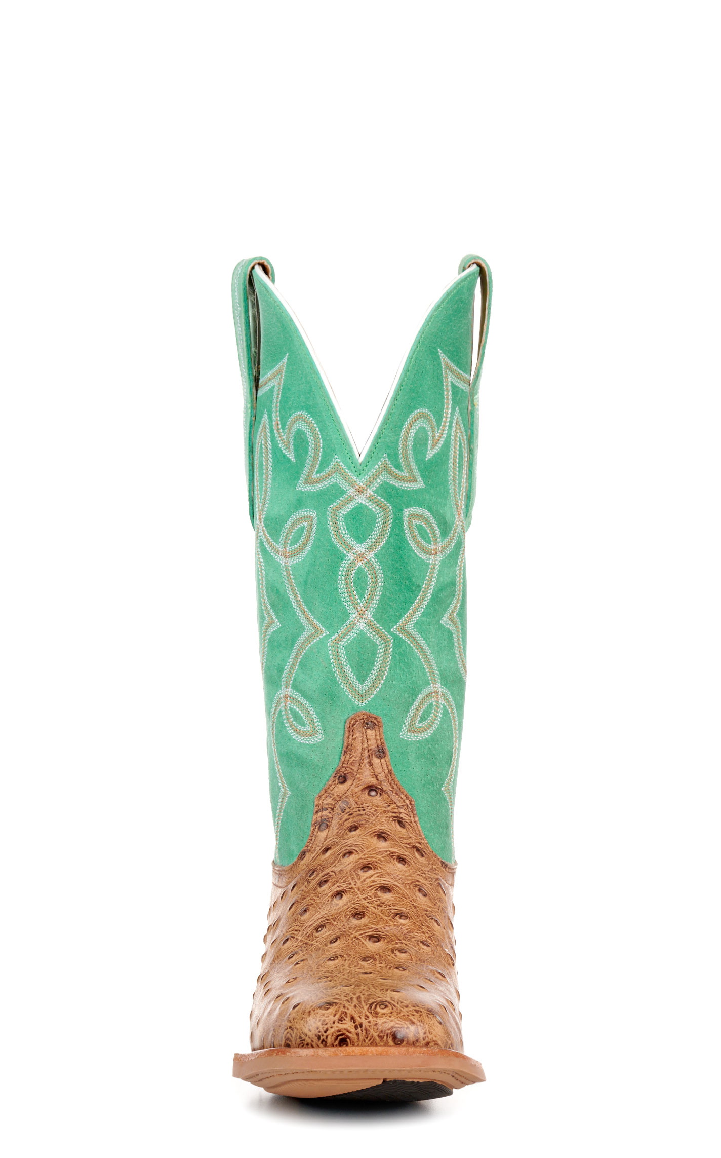 Cavender’s Women’s Intrepid Saddle Tan Ostrich Print and Green Wide Square Toe Cowboy Boots  - Image 1