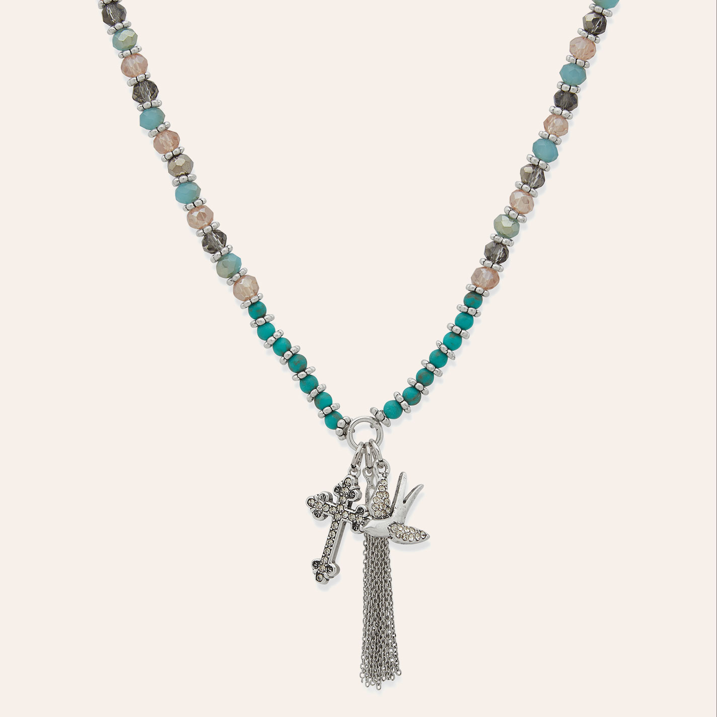Lainey Wilson Turquoise, Pink & Silver Beaded Rhinestone Dove Convertible Necklace Bracelet  - Image 1