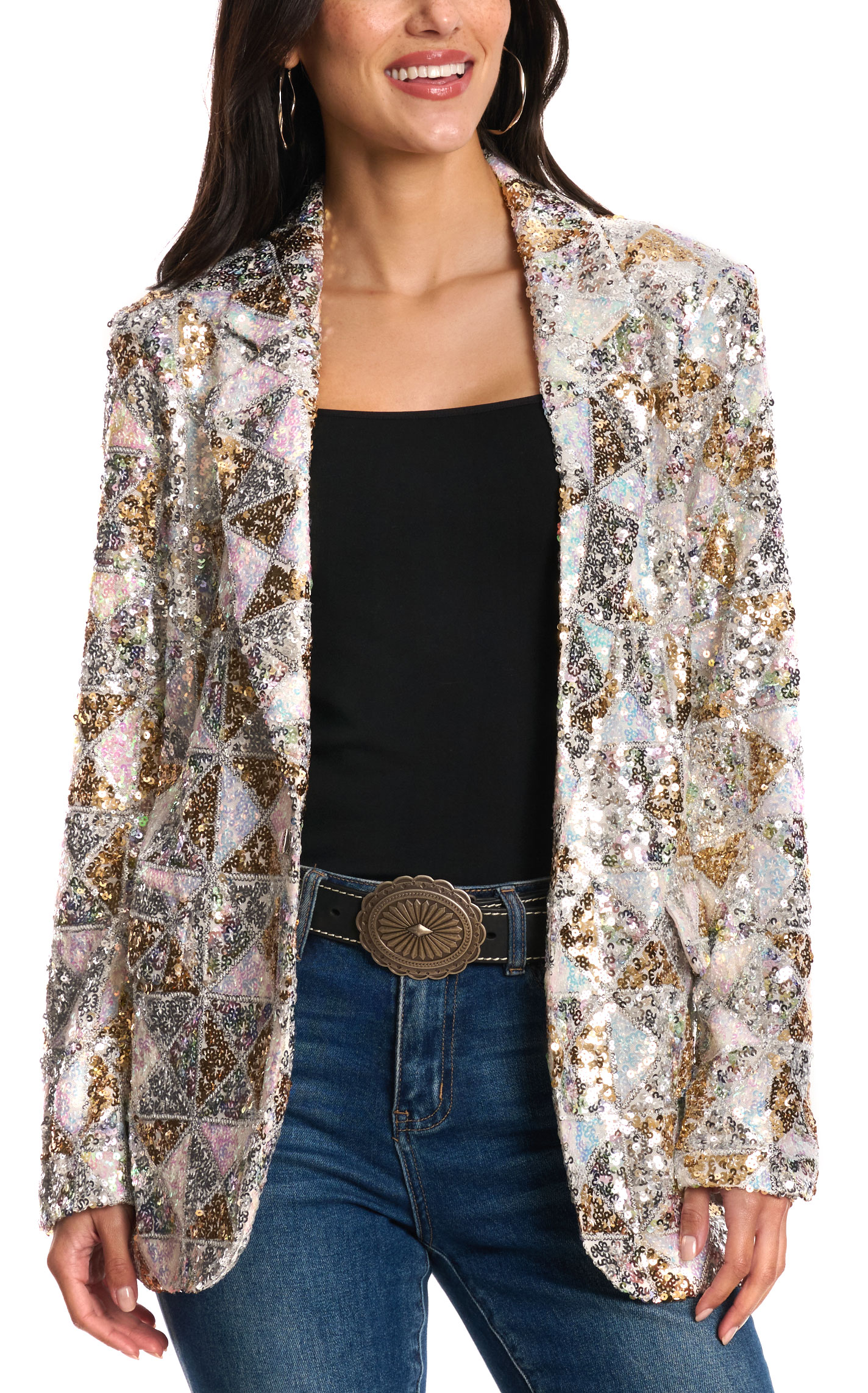 Miss Me Women's Gold & Iridescent Triangle Sequined Blazer - Image 1