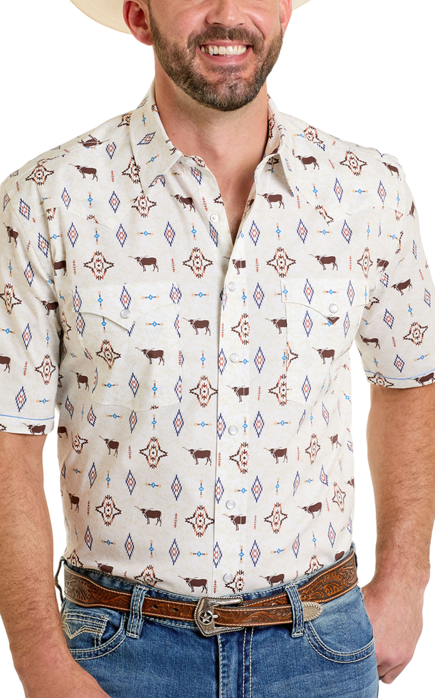 Rough Stock Men's Cream & Brown Steer Print Shirt - Image 1