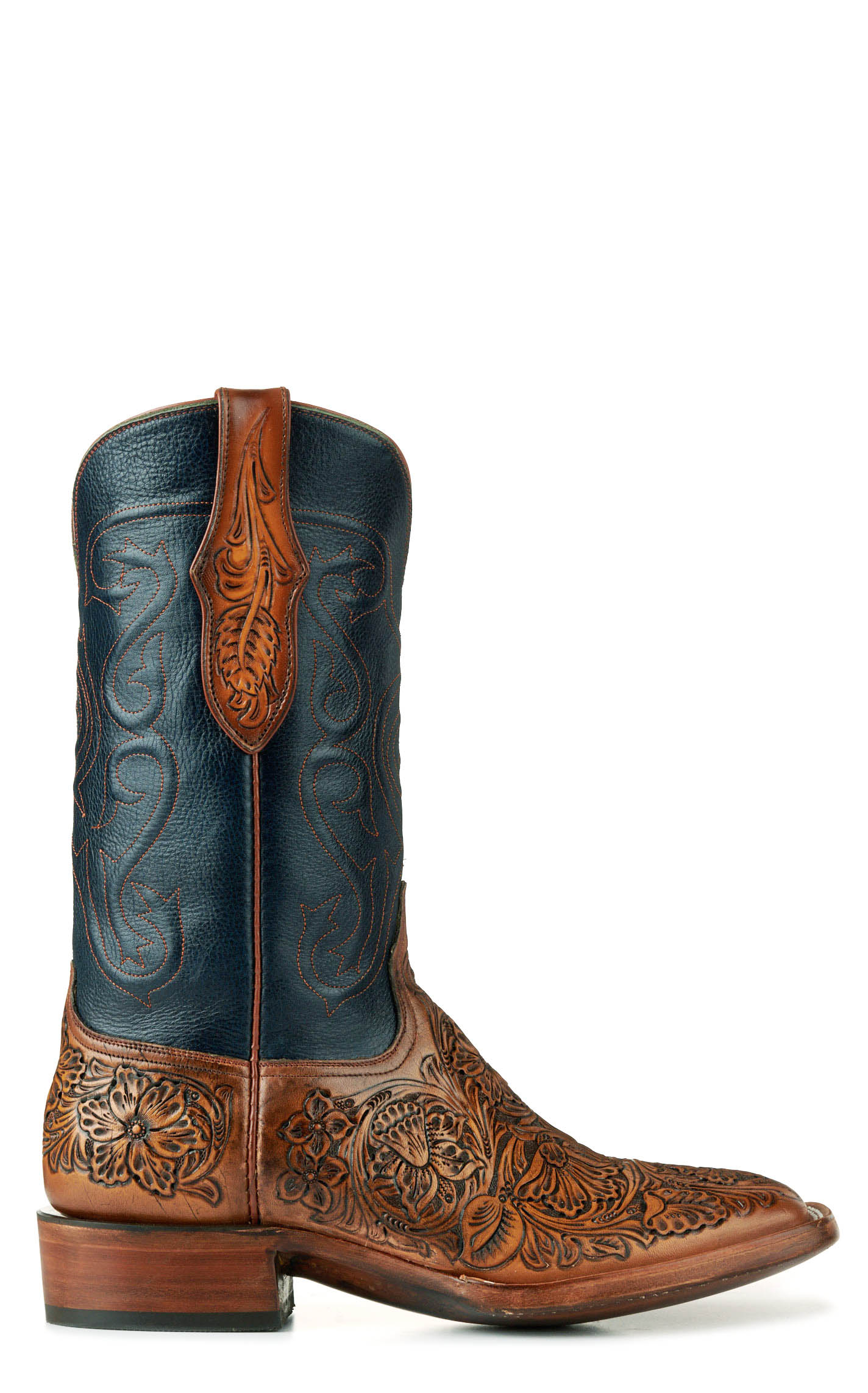 Black Jack Men's Mahogany Tan Hand Tooled and Navy Wide Square Toe Cowboy Boots - Image 1
