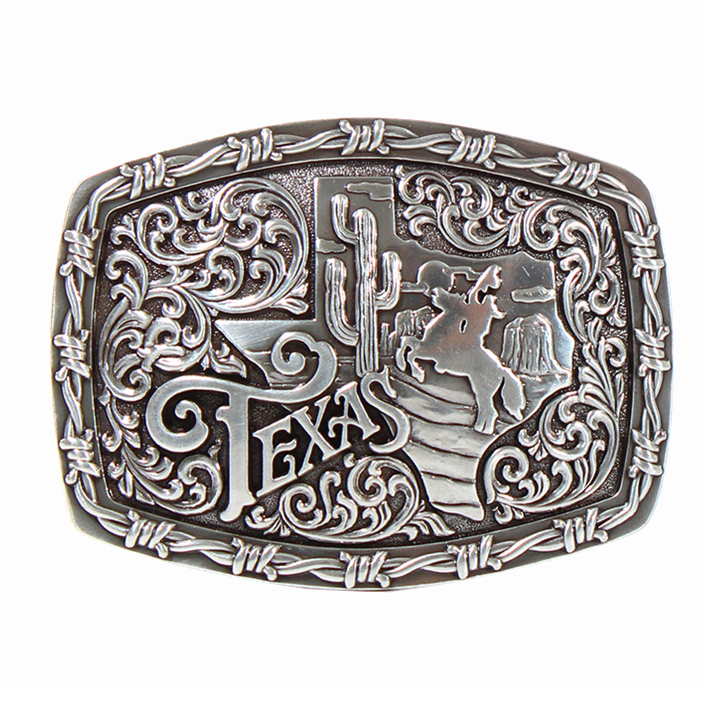 Nocona Silver Rectangle Texas with Cactus and Horse Barbed Wire Belt Buckle - Image 1