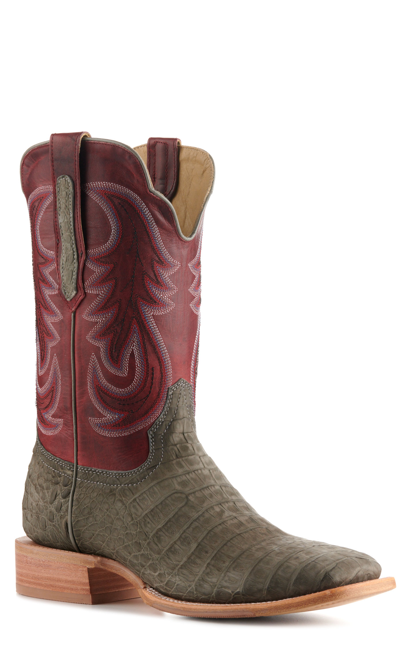 R. Watson Men's Rose Red and Charcoal Sueded Caiman Hybrid Wide Square Toe Exotic Cowboy Boots - Image 1