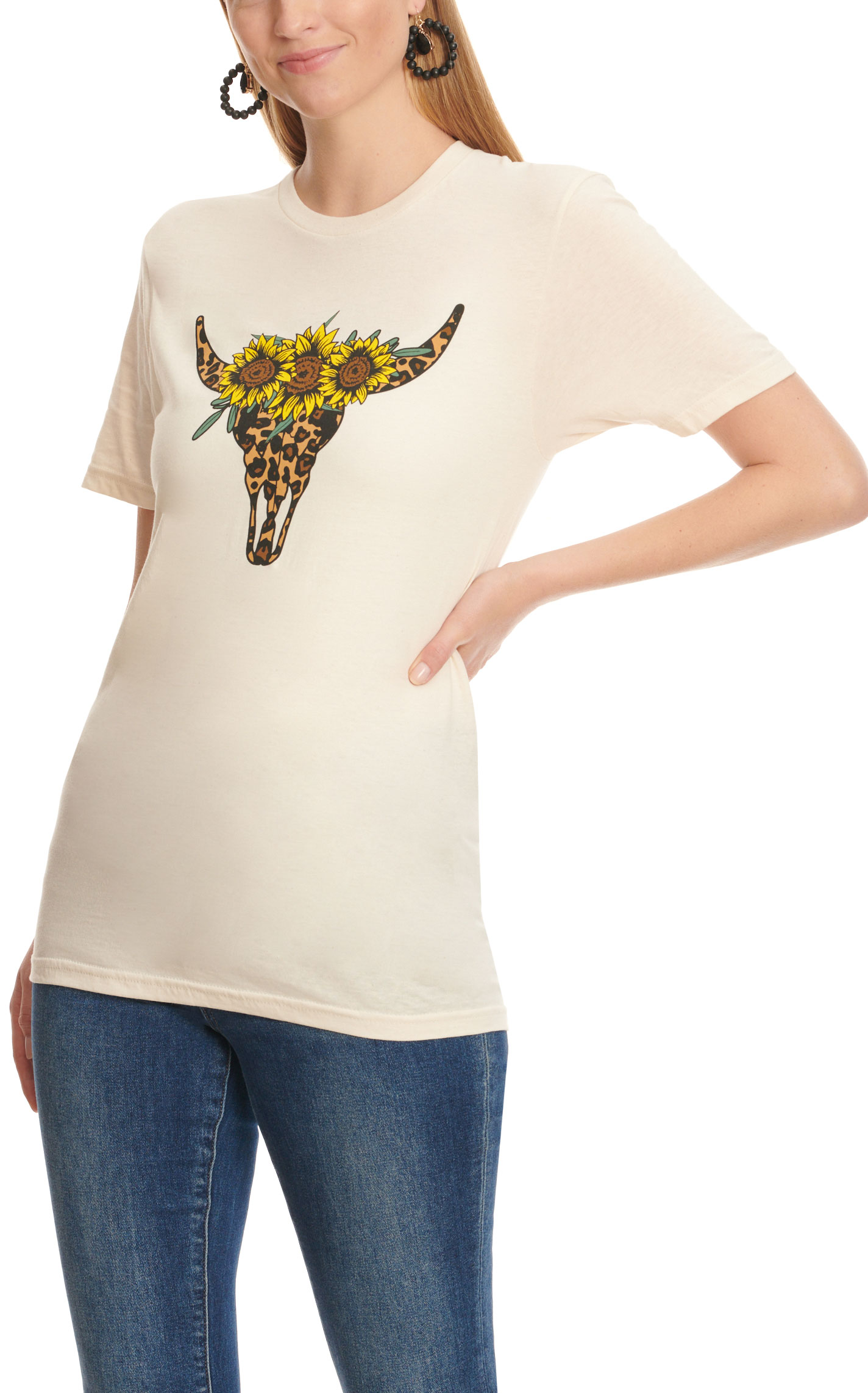 Too Floozy Women's Natural Bone Sunflower Print Skull Graphic Short Sleeve T-Shirt - Image 1