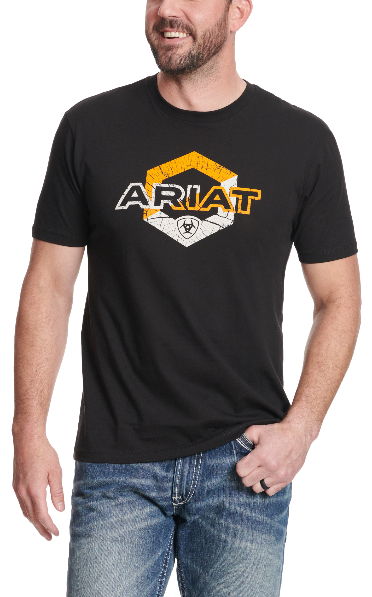 Ariat Men's Black Hexstatic Orange & White Logo Graphic Short Sleeve T-Shirt - Image 1