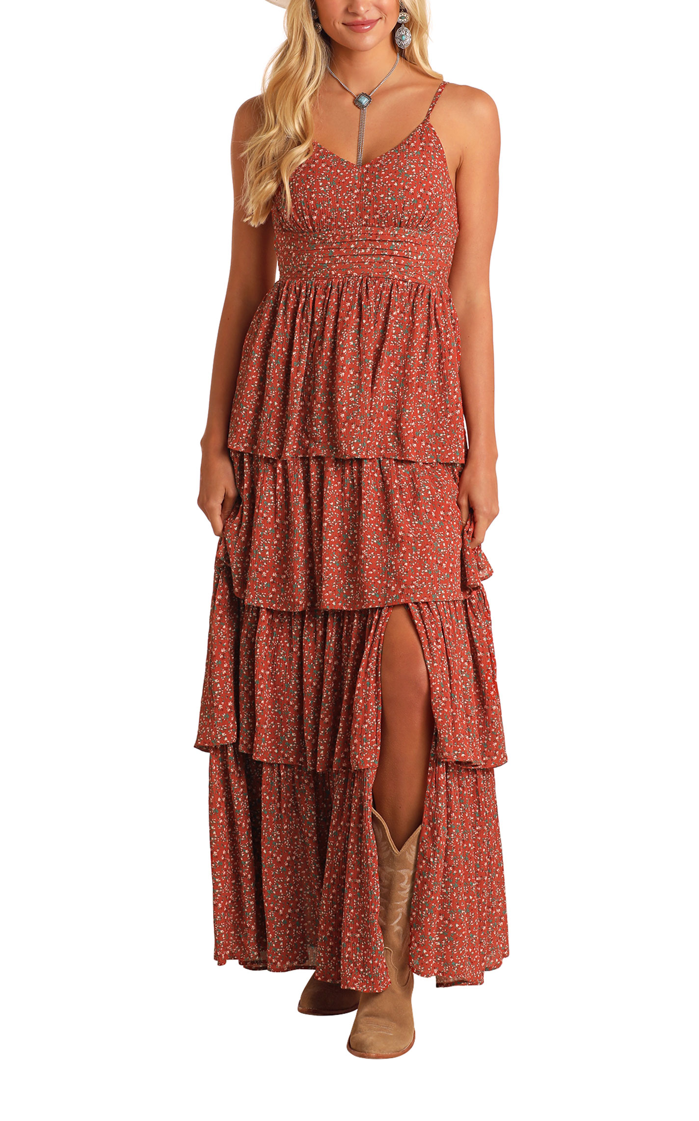 Rock & Roll Denim Women's Rust Floral Tiered Maxi Dress - Image 1