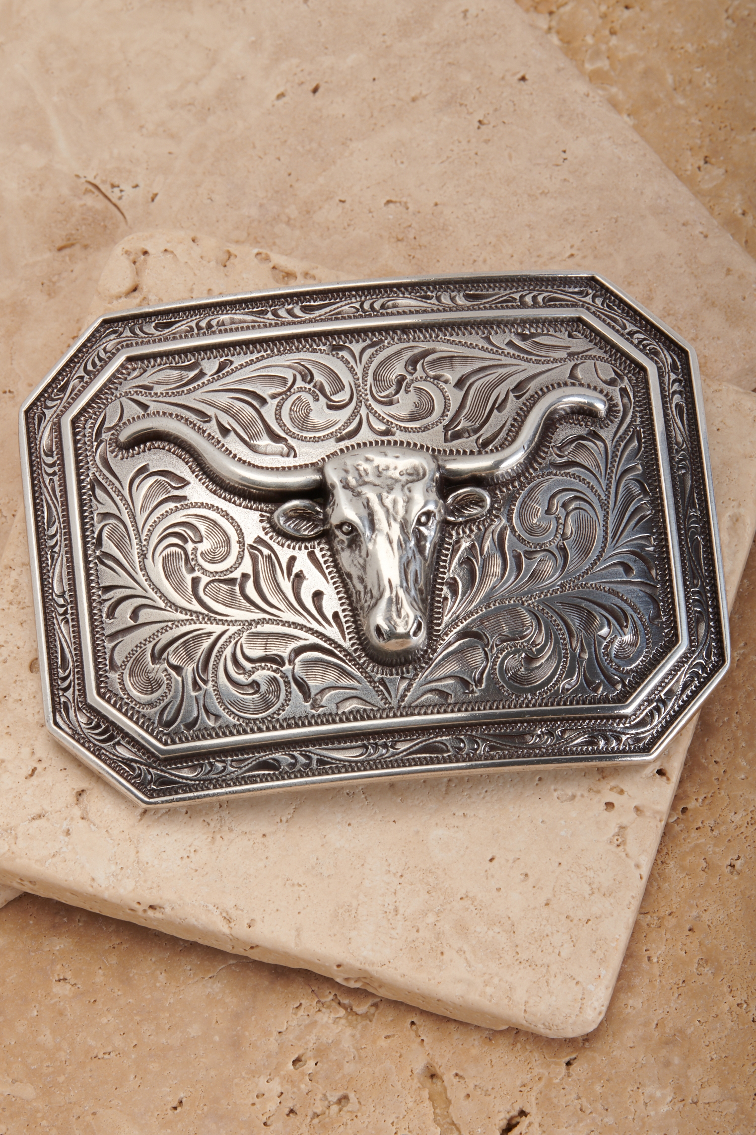 Ariat Silver Longhorn Rectangle Belt Buckle - Image 1
