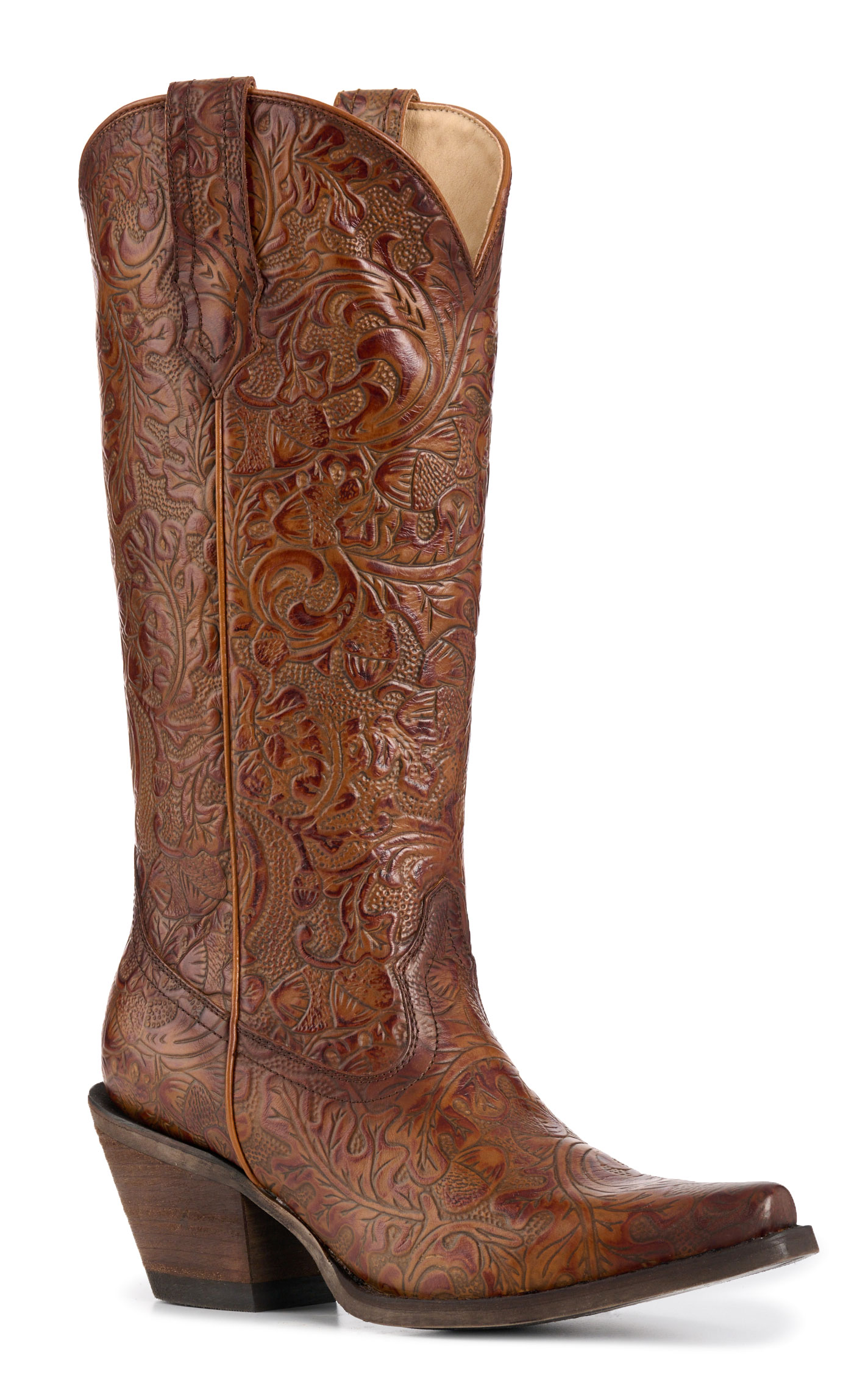 Rockin' C Women's Nut Brown Tooled Snip Toe Cowboy Boots - Image 1