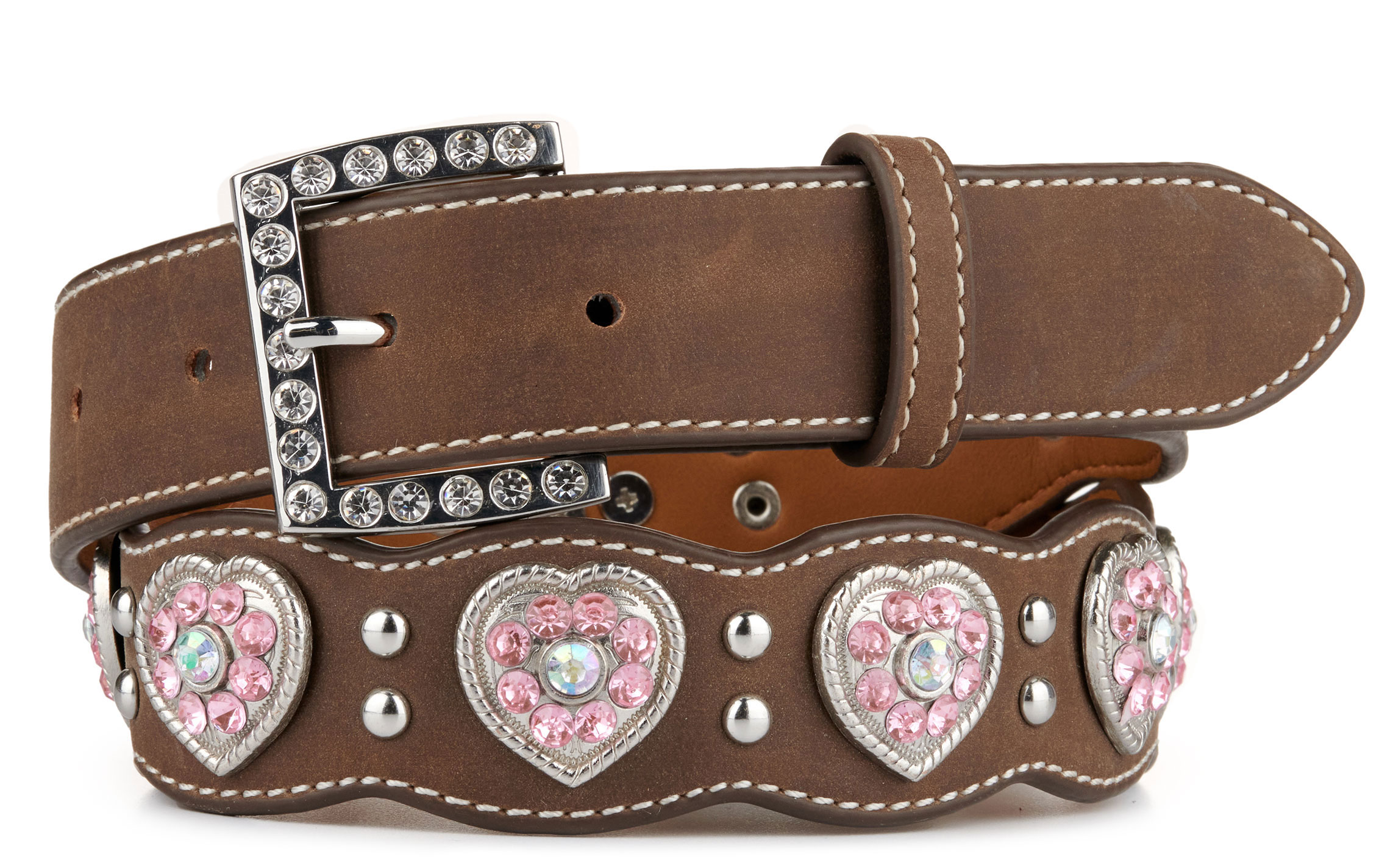 Nocona Girls' Brown with Pink Crystal Heart Conchos Scalloped Western Belt - Image 1