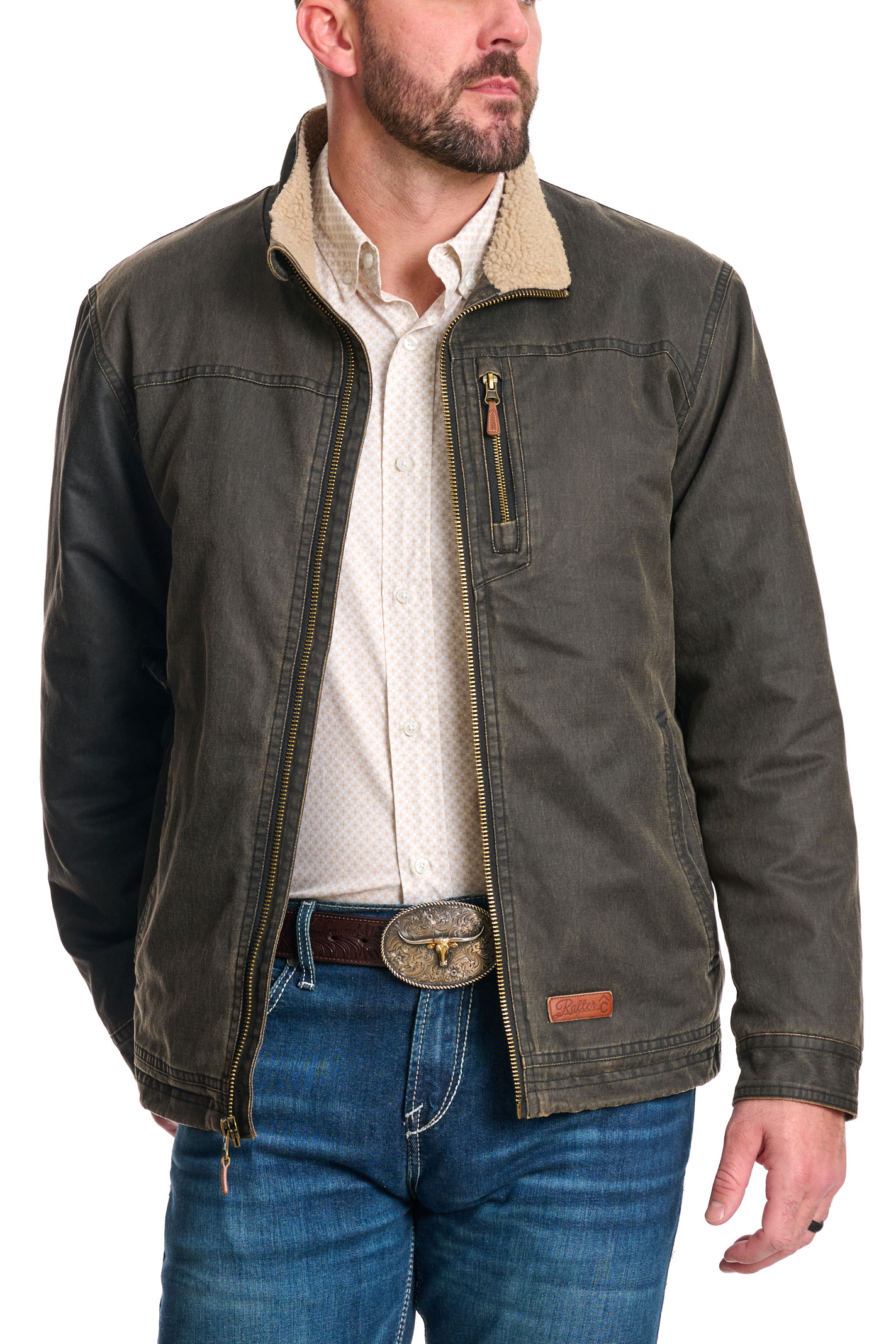 Rafter C Men's Dark Brown Faux Oilskin Sherpa Collar Jacket - Image 1