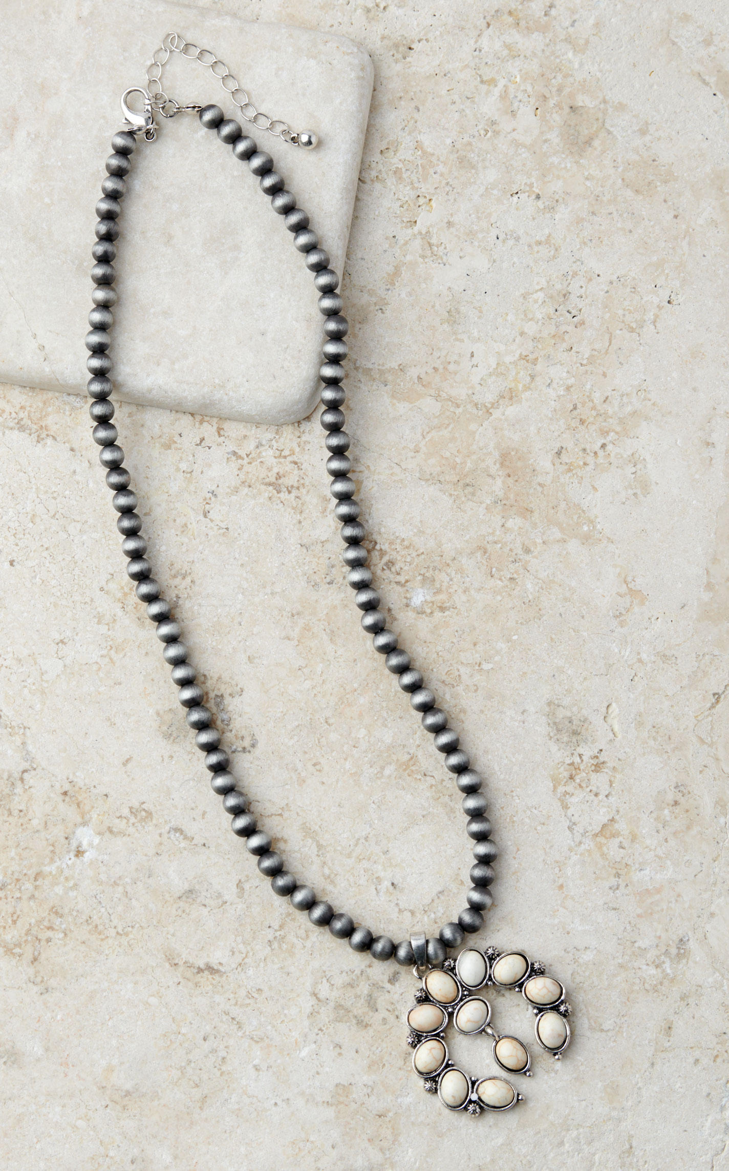 Silver Strike Silver Navajo Pearl Bead & White Squash Blossom Pendant Necklace Set - Image 1