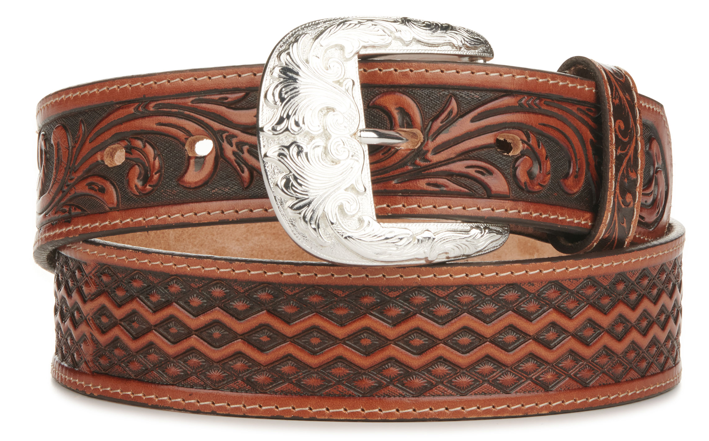 Tony Lama Men's Dark Brown Tan Diamonds & Vines Western Belt - Image 1