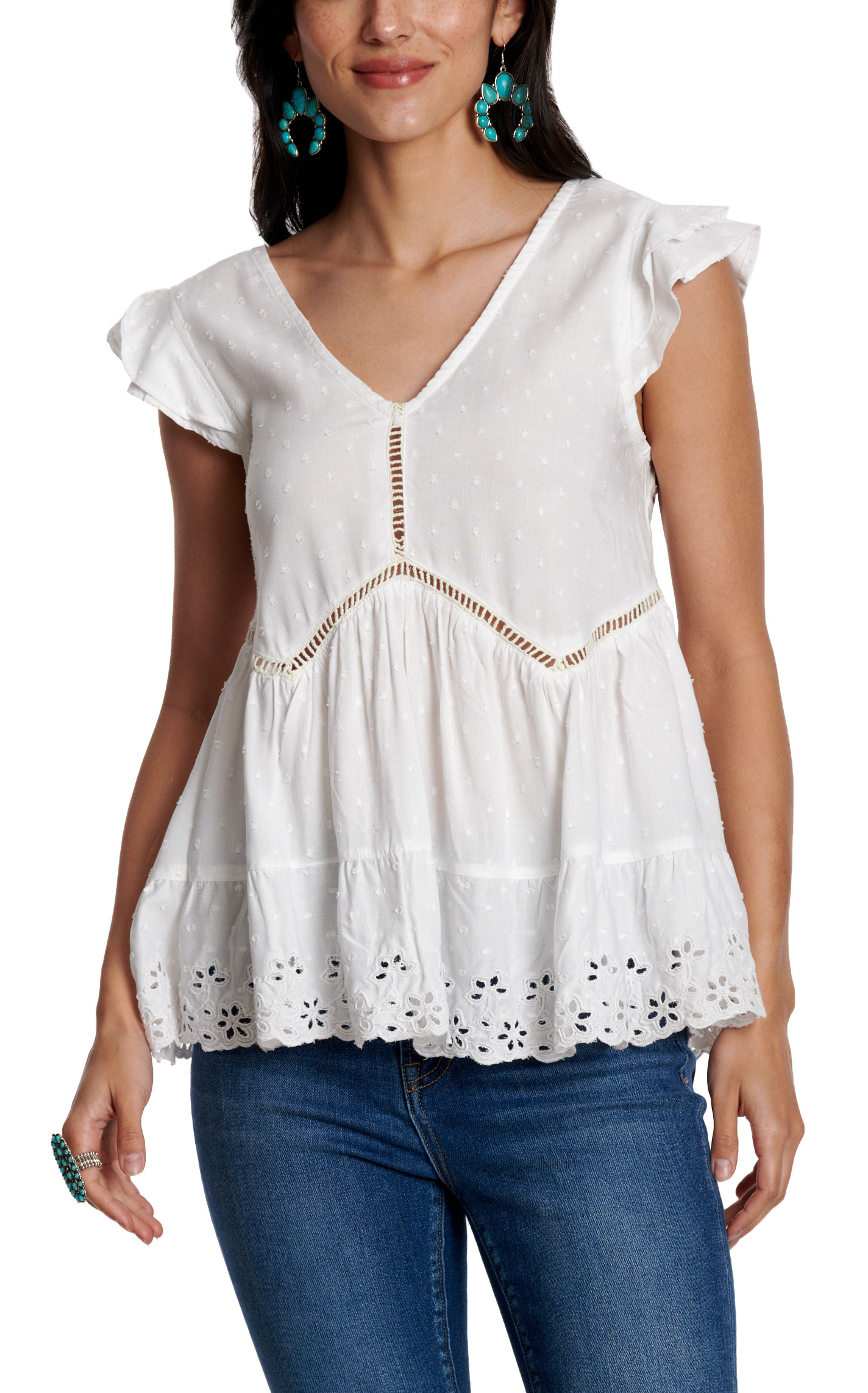 Rockin' C Women's White Swiss Dot Ruffle Top - Image 3