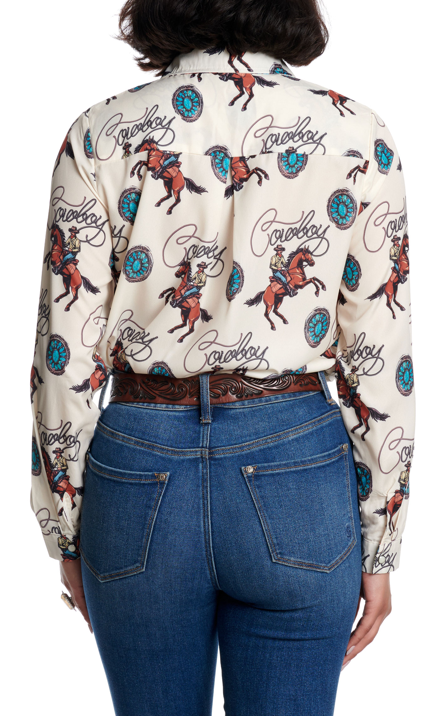 Fashion Express Women's Tan Cowboy & Concho Print Button Up Top - Image 1