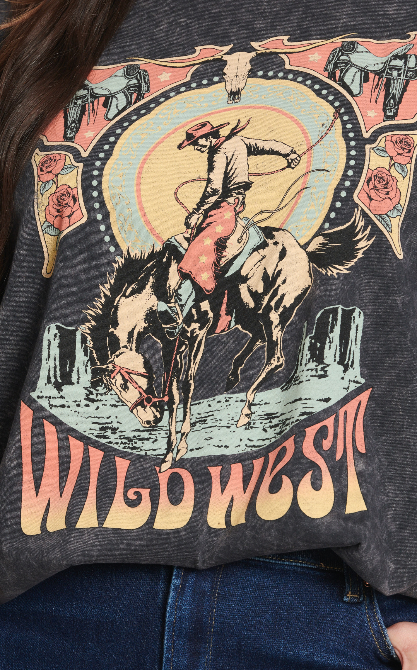 Lotus Fashion Women's Washed Black & Wild West Graphic Short Sleeve T-Shirt - Image 1
