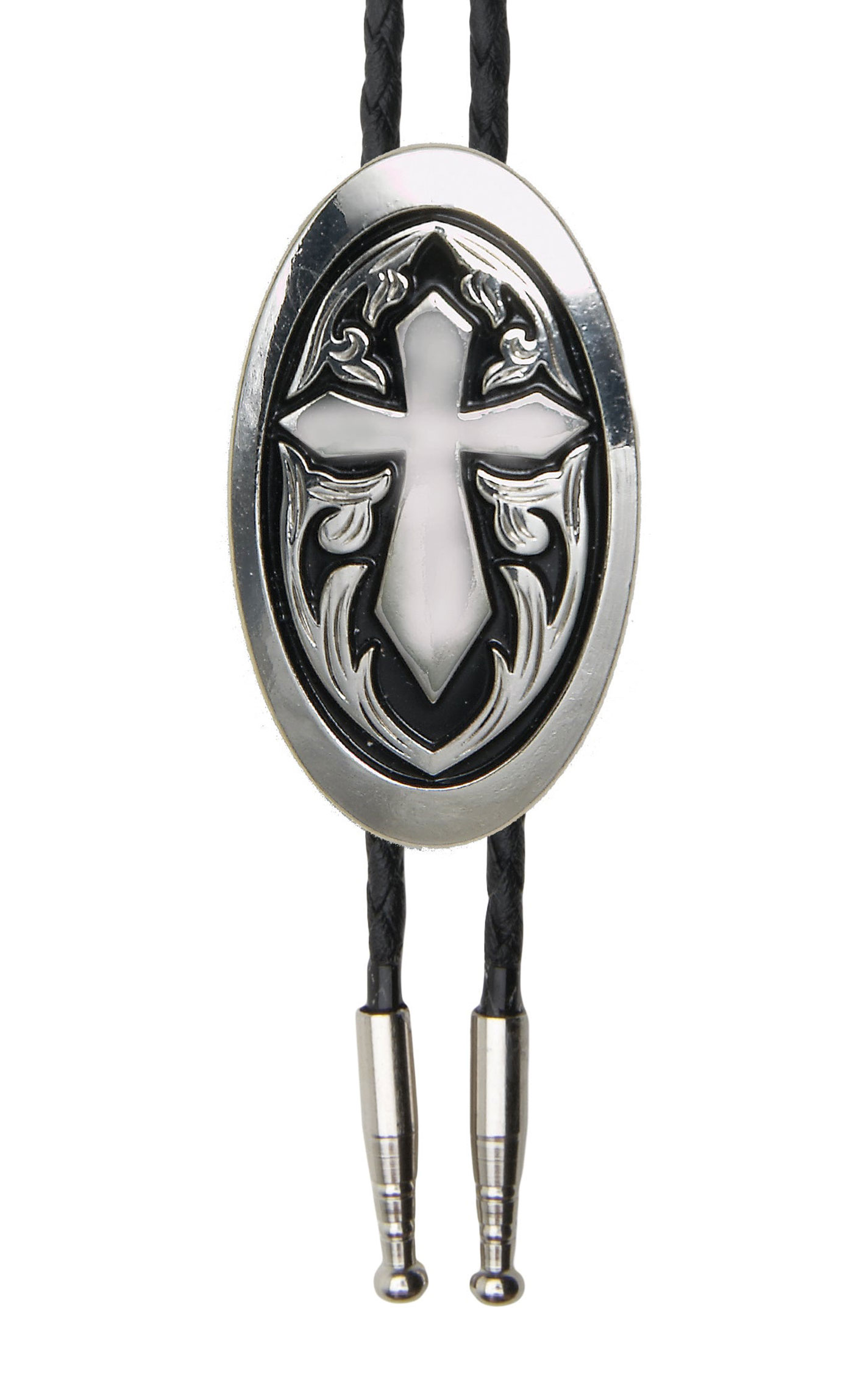 AndWest Antiqued Silver & Black Oval Cross Bolo Tie - Image 1