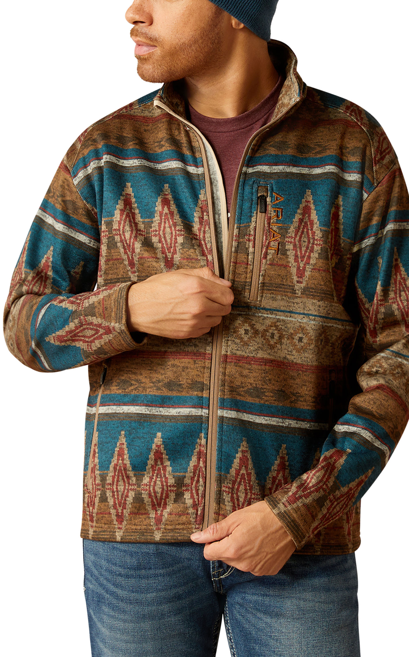 Ariat Men's Caldwell Brindle Coffee & Blue Aztec Print Sweater Jacket - Image 1