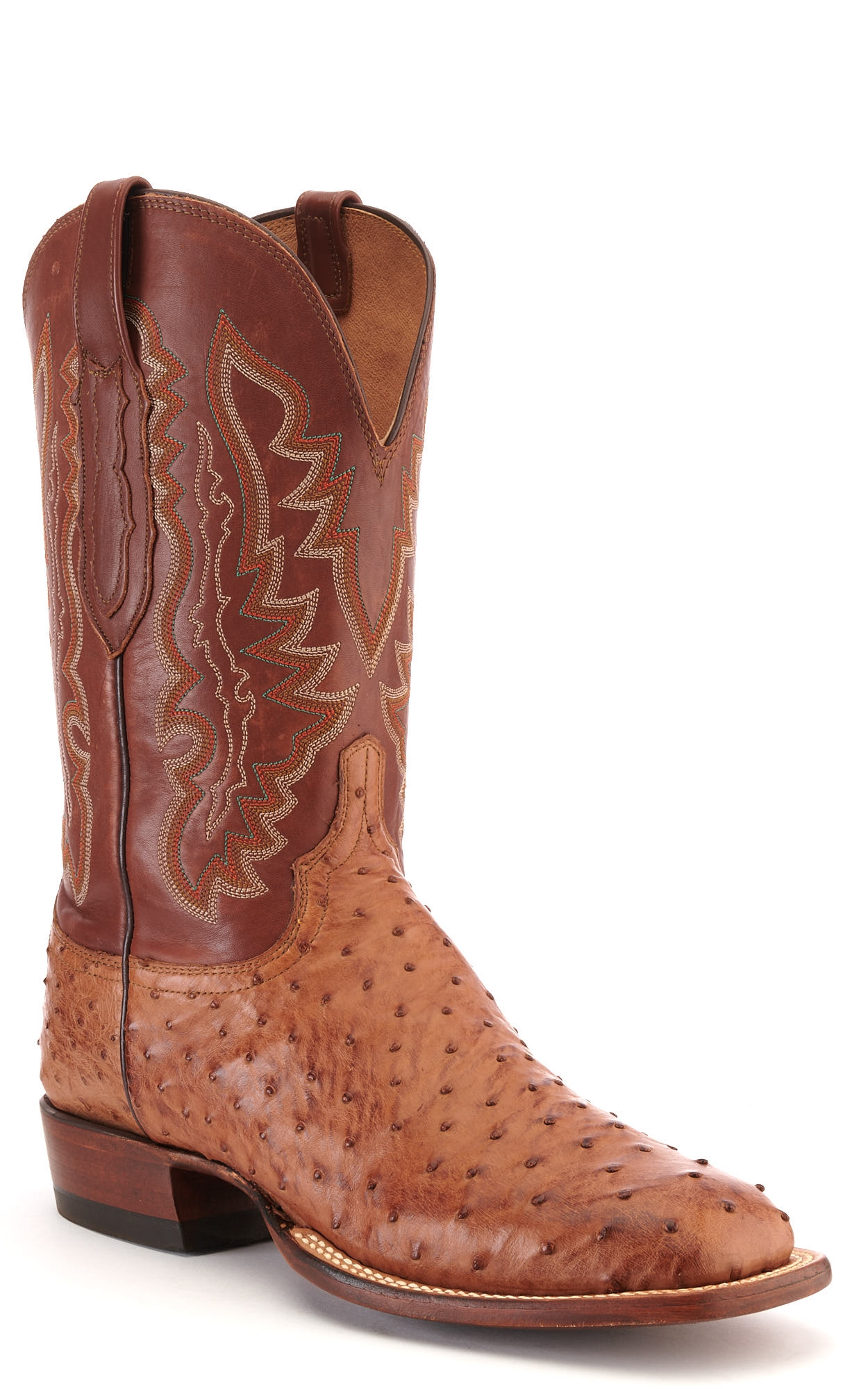 Lucchese Men's Tan and Barnwood Full Quill Ostrich Square Toe Exotic Cowboy Boots - Image 1