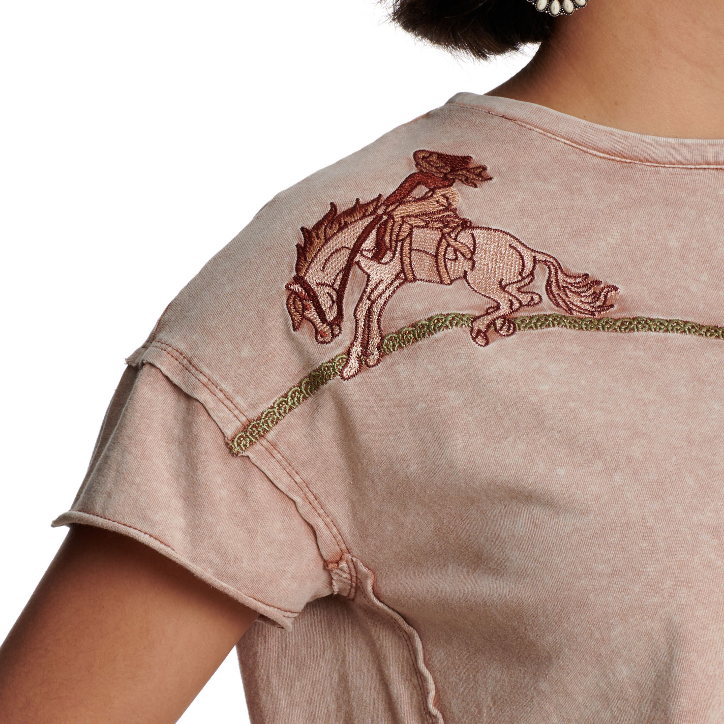 Blue B Women's Washed Brown Cowgirl Cactus Embroidered Cropped T-Shirt - Image 1