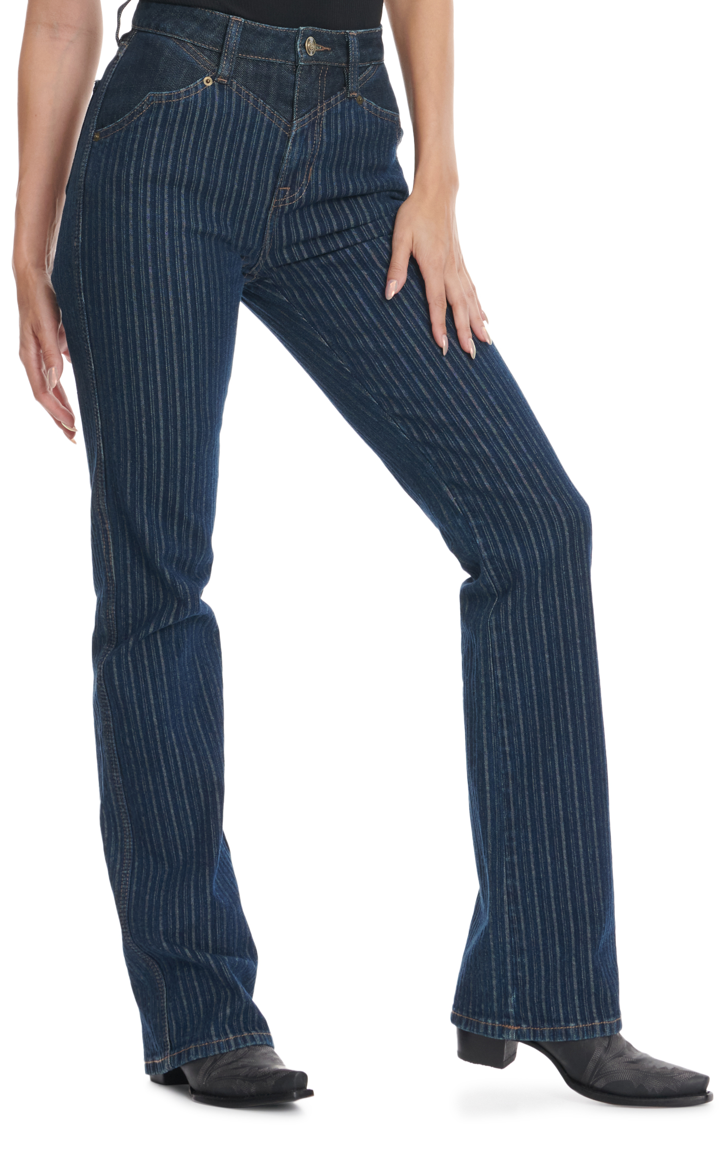 Rock & Roll Denim Women's Dark Wash High Rise Textured Pin Stripe Boot Cut Jeans - Image 1