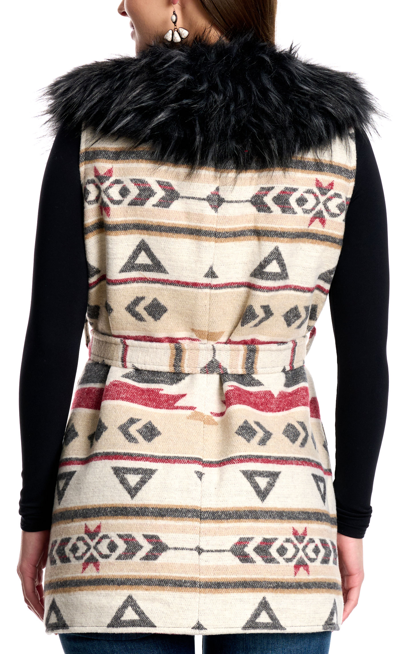 Cripple Creek Women's Black Aztec Faux Fur Collar Tie Vest - Image 1