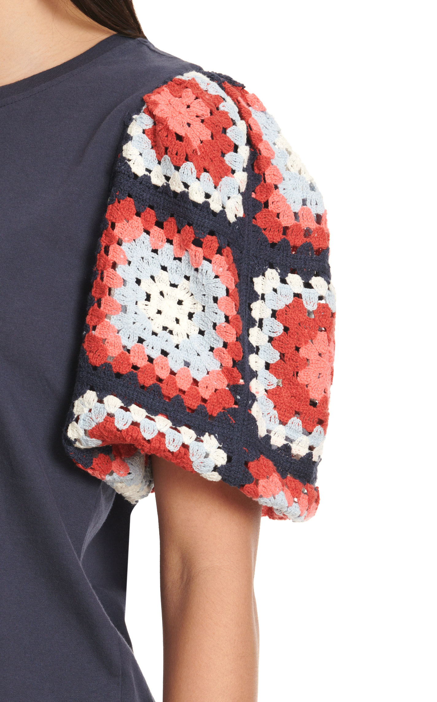 Rockin' C Women's Navy with Red and White Crochet Sleeve Top - Image 1