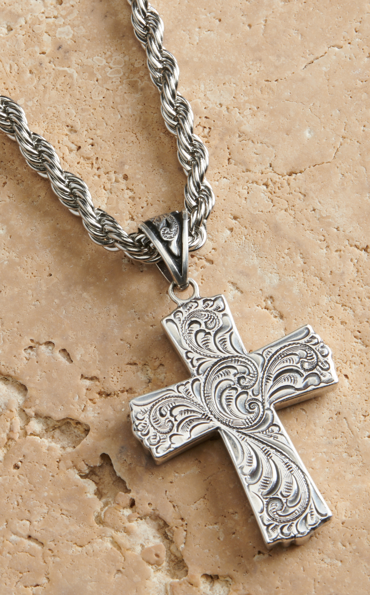 Twister Men's Silver with Floral Scroll Cross Necklace - Image 1