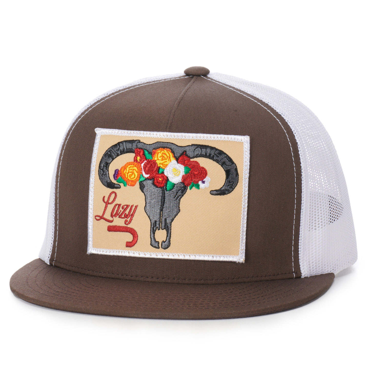Lazy J Ranch Wear Brown & White Floral Skull Snapback Cap - Image 1