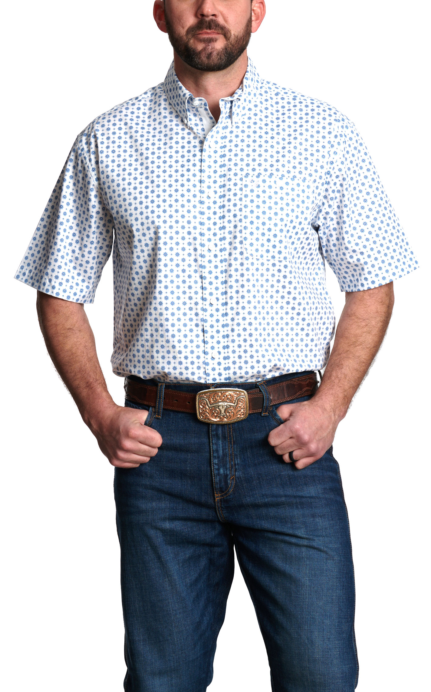 Wrangler Men's George Strait Collection White & Blue Geo Print Western Shirt - Image 1