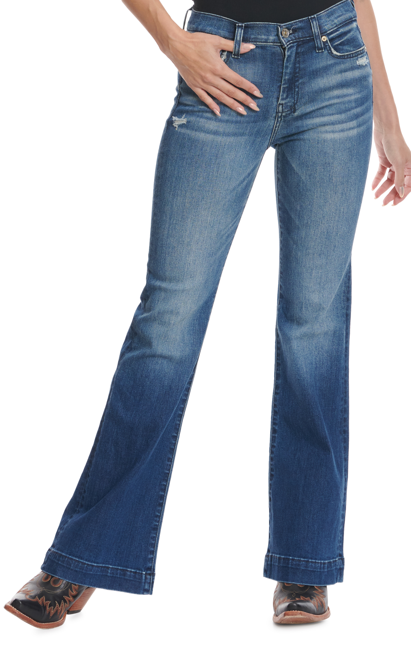 7 for All Mankind Women's Medium-Dark Wash Mid Rise Lightly Distressed Dojo Trouser Jeans - Image 4