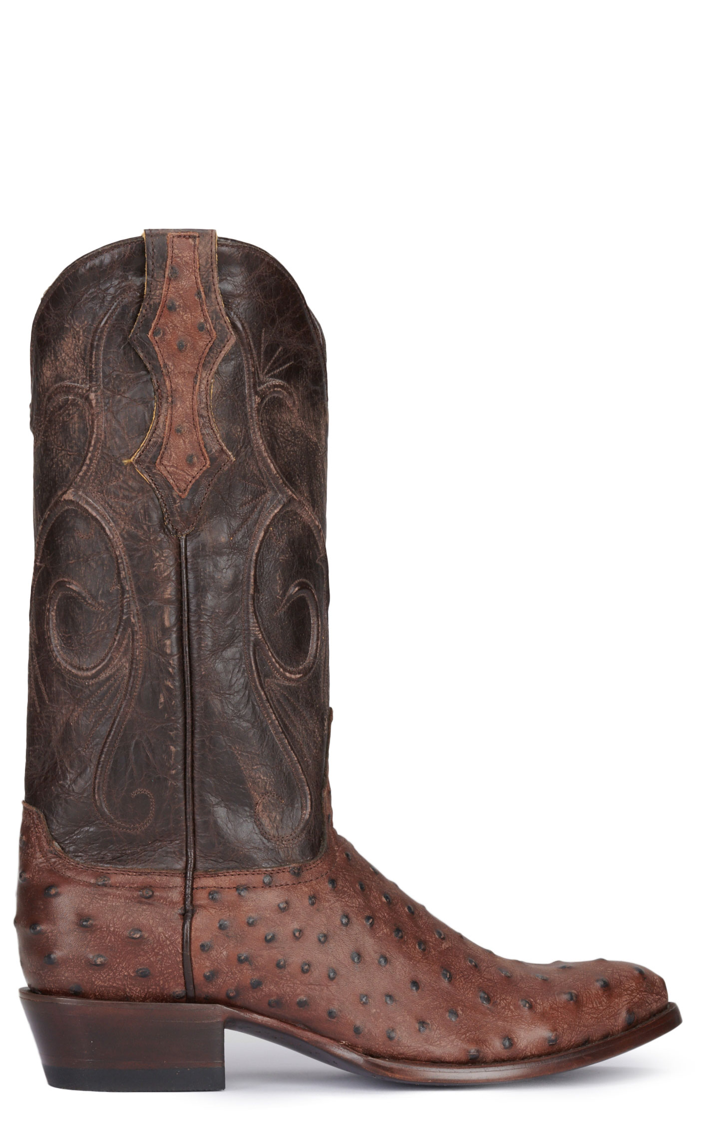 Cavender's Men's Chocolate and Brown Ostrich Print R-Toe Cowboy Boots - Image 1