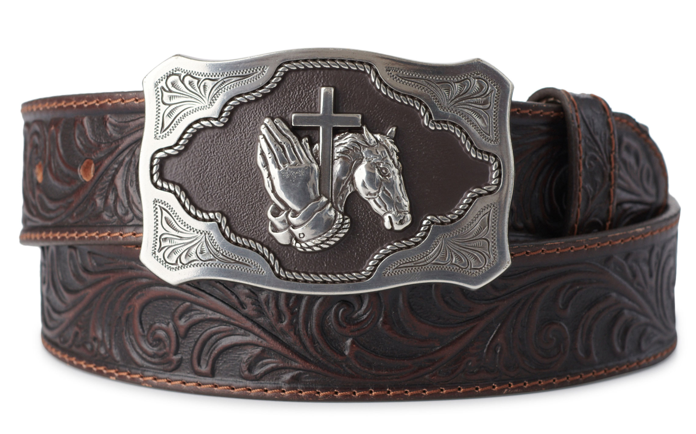 Tony Lama Dark Brown Floral Tooled & Silver Faith Western Belt - Image 2