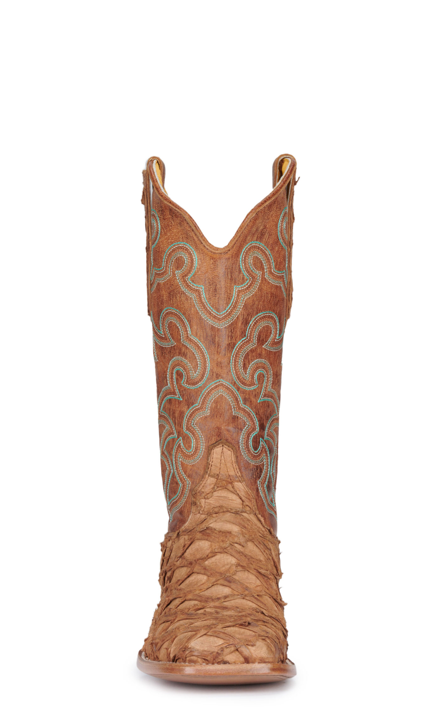 Cavender’s Women’s Pirarucu Saddle Tan and Nut Exotic Wide Square Toe Cowboy Boots - Image 1
