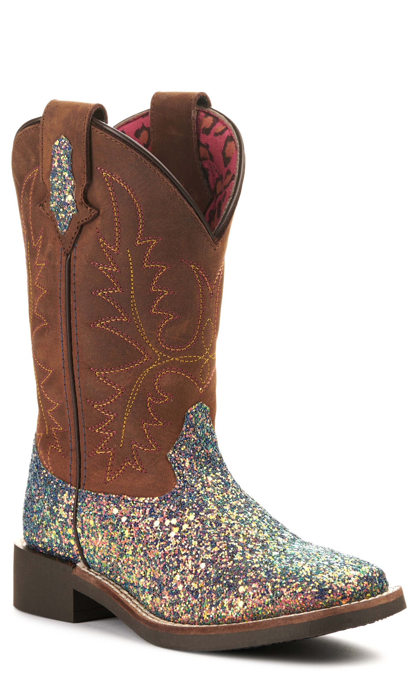 Smoky Mountain Girls Crazy Horse Brown and Mermaid Glitter Wide Square Toe Cowboy Boot - Image 1