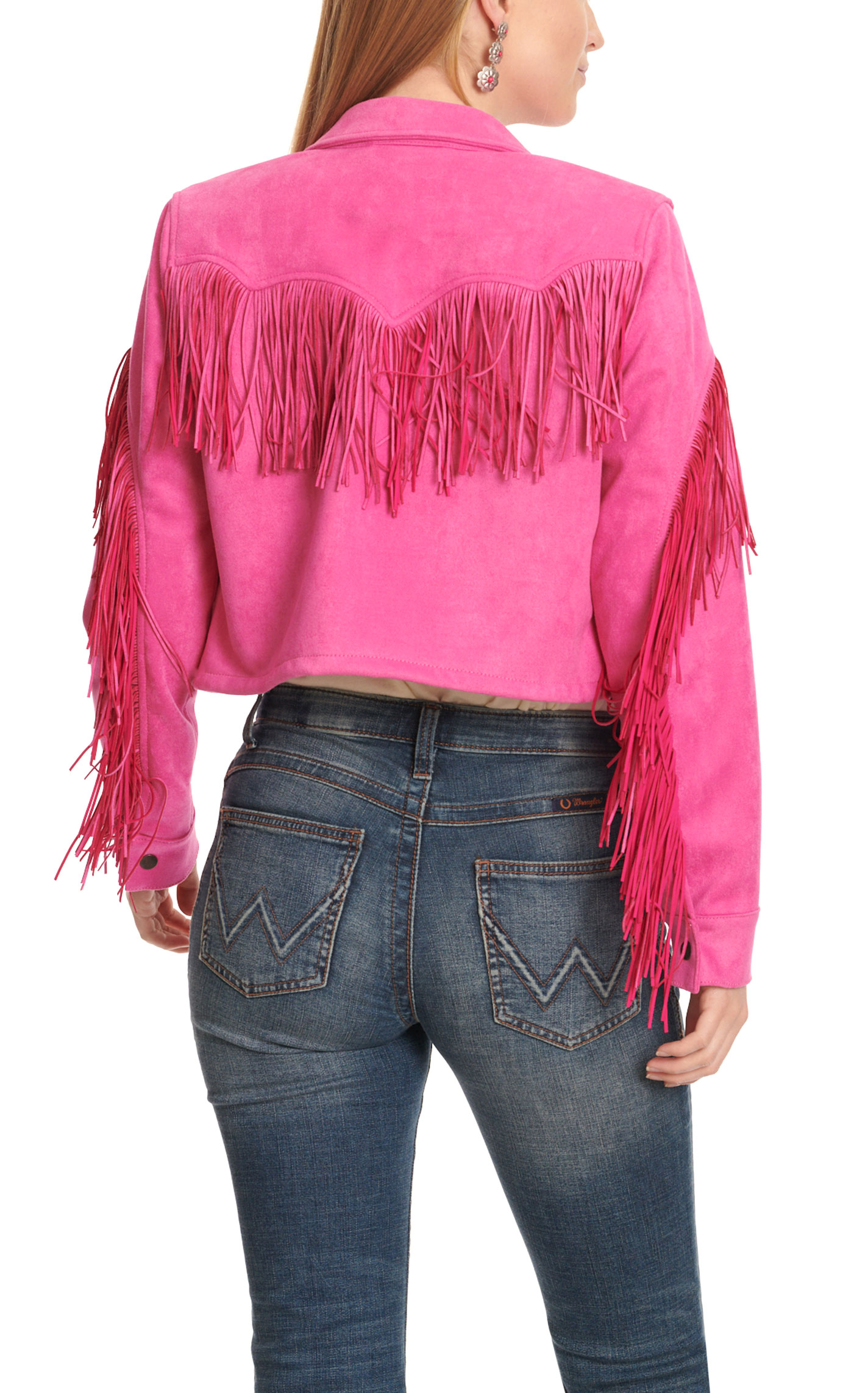 Wrangler Women's Hot Pink Faux Suede Cropped & Fringed Jacket - Image 1