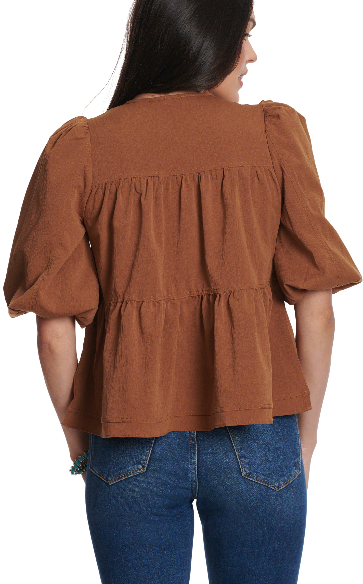 TCEC Women's Toasted Cinnamon Tie Neck Ruffle Tiered Top - Image 1