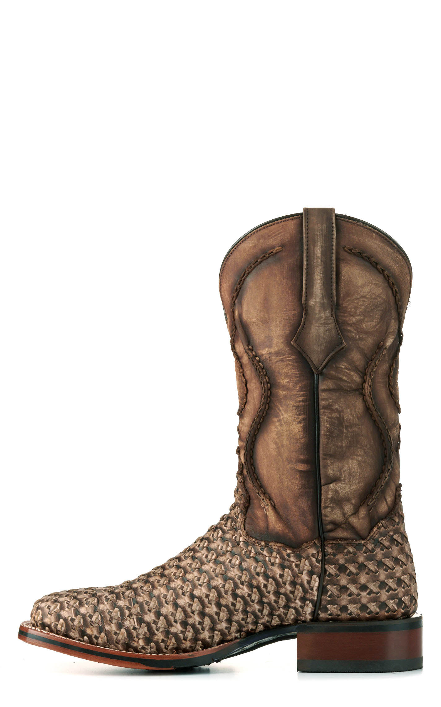 Dan Post Men's Stanley Distressed Tan Basketweave Wide Square Toe Cowboy Boots - Image 1