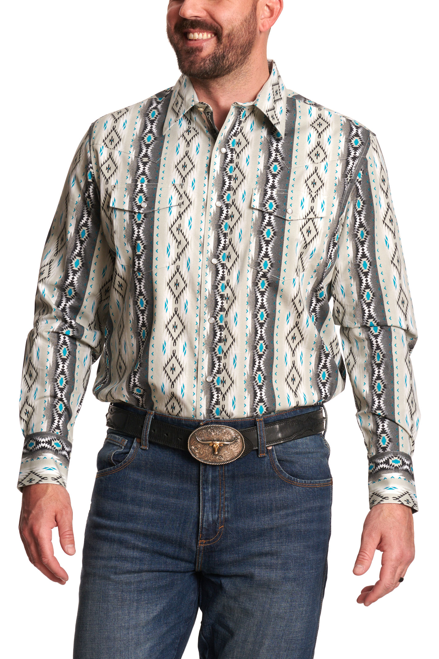 Checotah Men's Gray & Black Aztec Print Western Shirt - Image 1