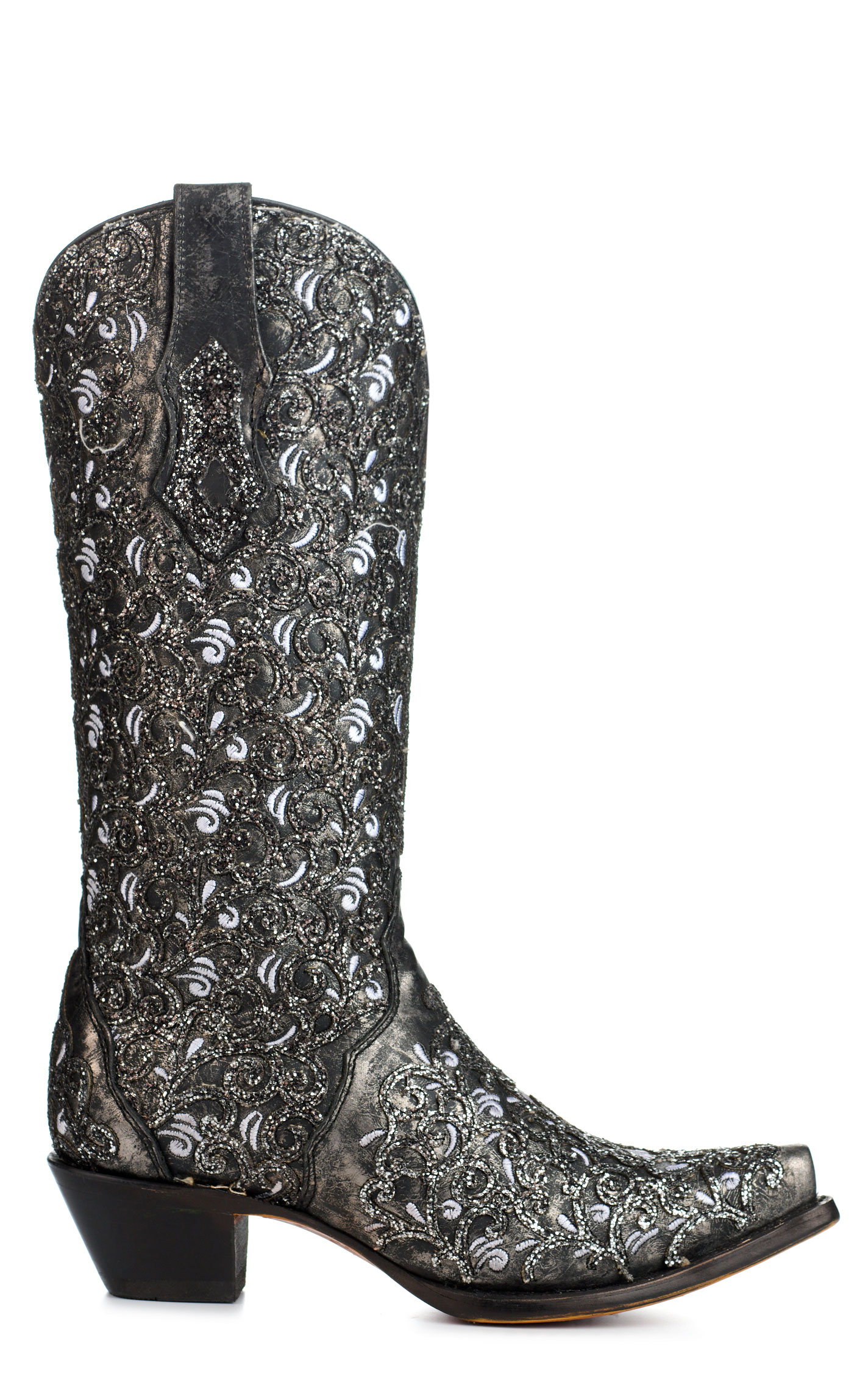 Corral Women's Black with Glitter Overlay Black Light Snip Toe Cowboy Boots - Image 1