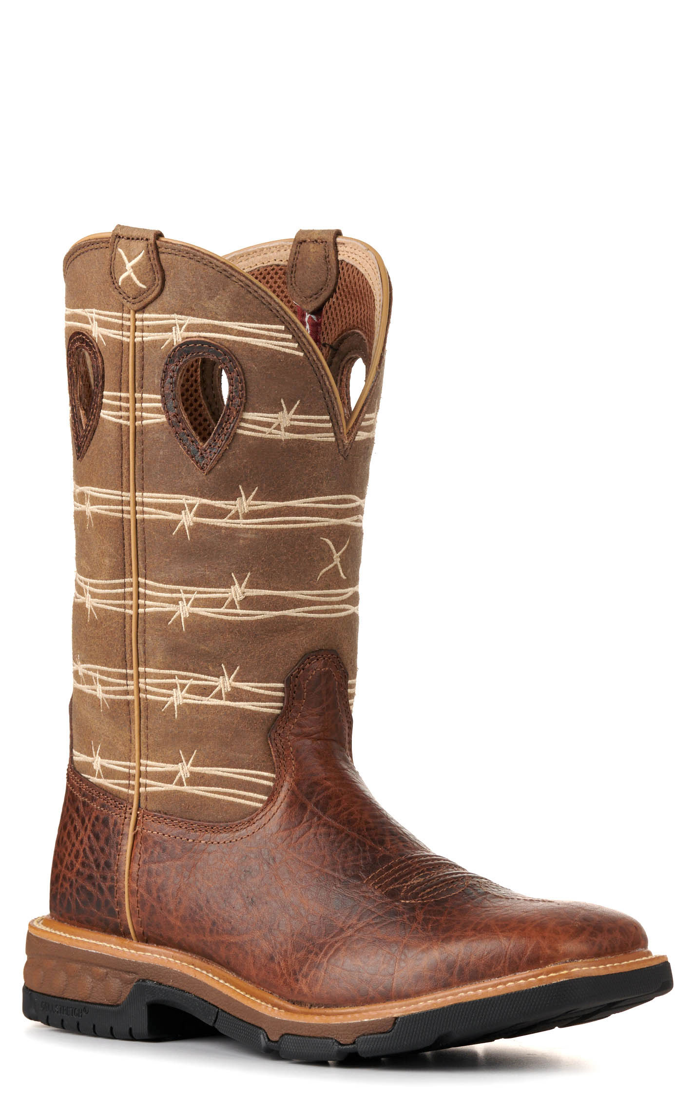 Twisted X Men's Rustic Brown and Tan Barbed Wire CellStretch Square Toe Work Boots - Image 1