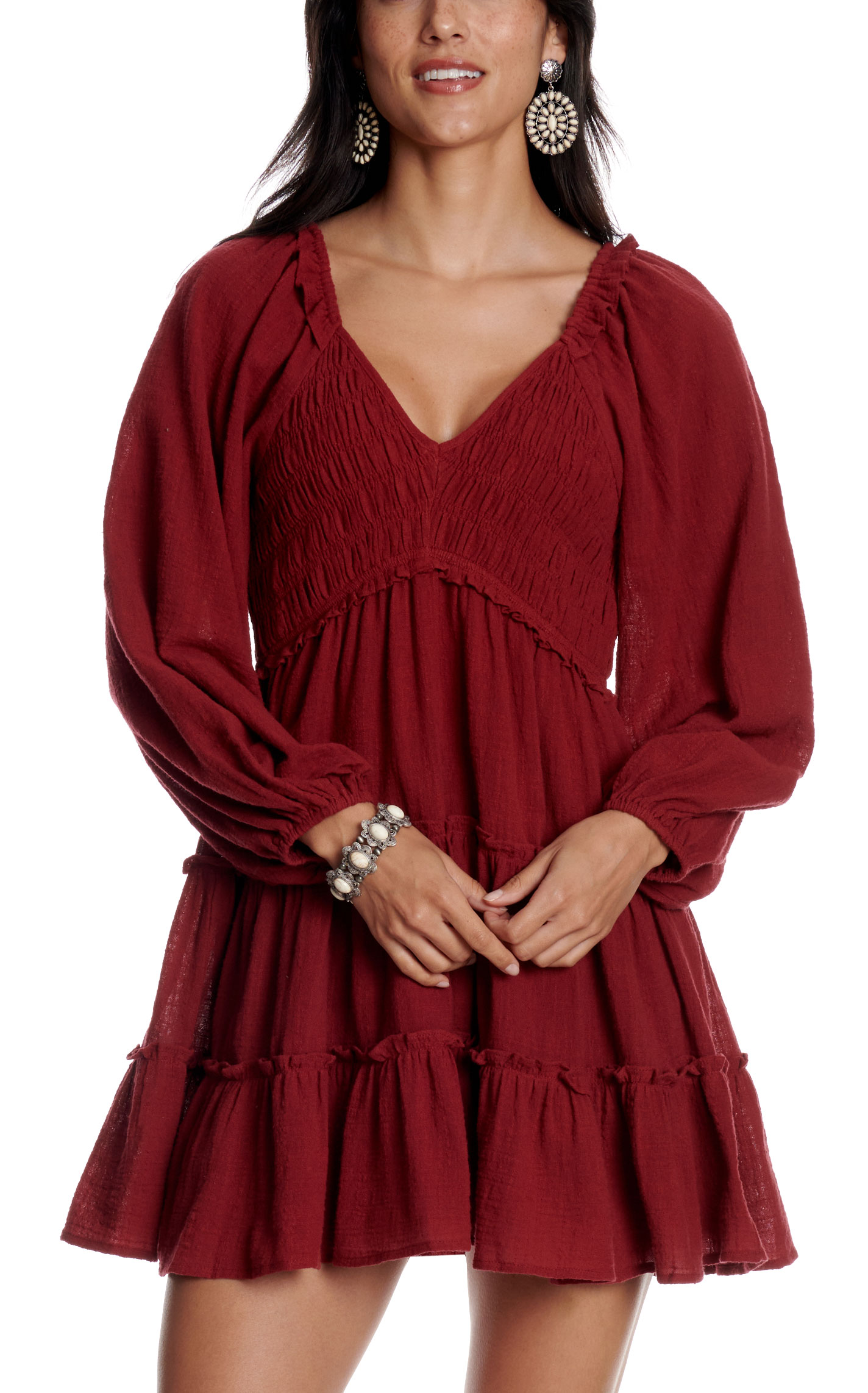 Yura Women's Burgundy Smock Top Tiered Ruffle Dress - Image 1