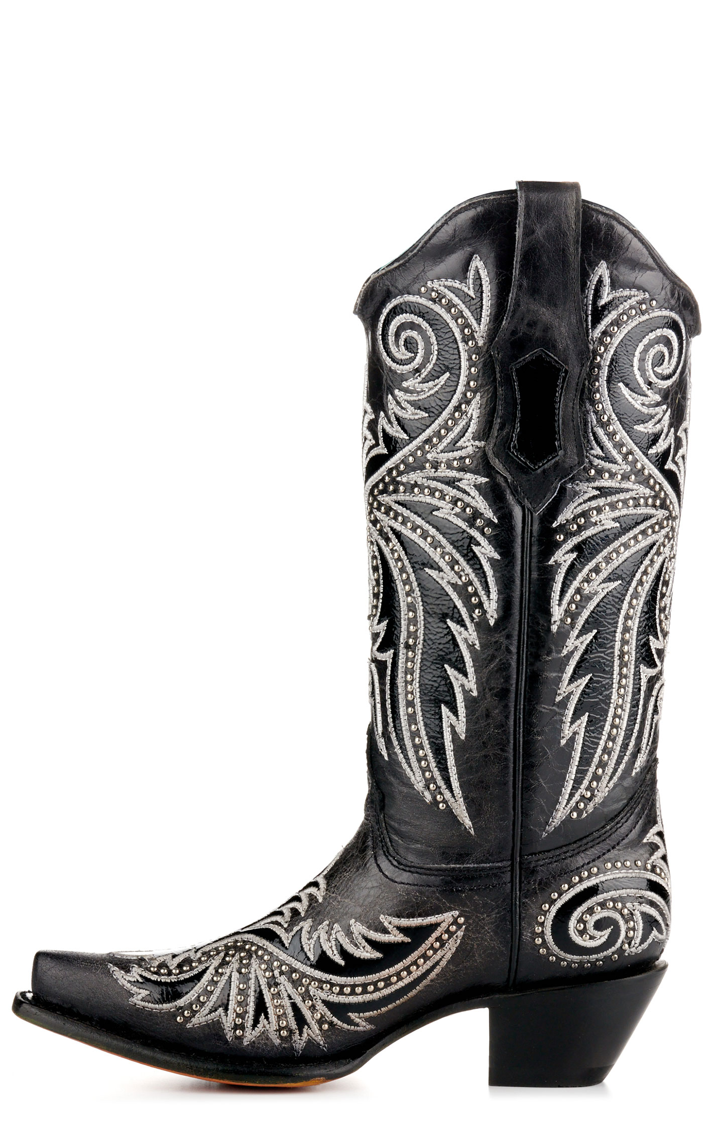 Corral Women's Distressed Black with White Embroidery and Studs Snip Toe Cowboy Boots - Image 1