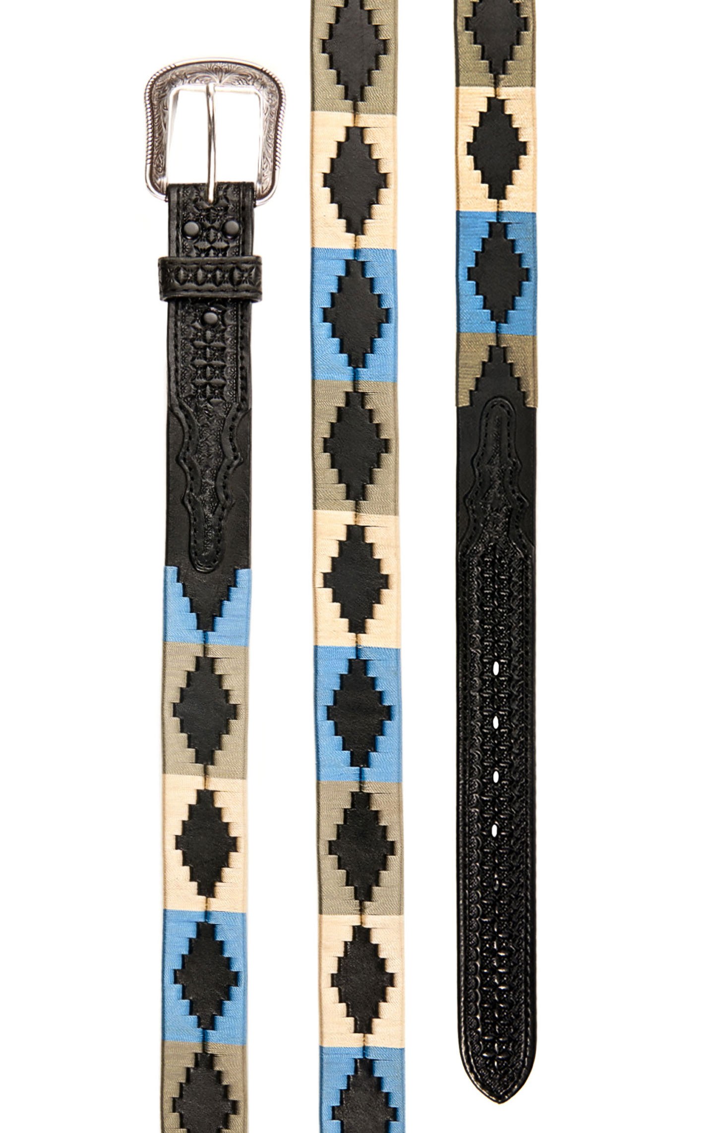 Rafter C Men’s Chocolate Leather Embroidered Cornflower Blue & Gray Aztec Print Western Belt - Image 1